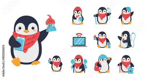 Cute cartoon penguins in various poses Vector set for design projects and illustrations