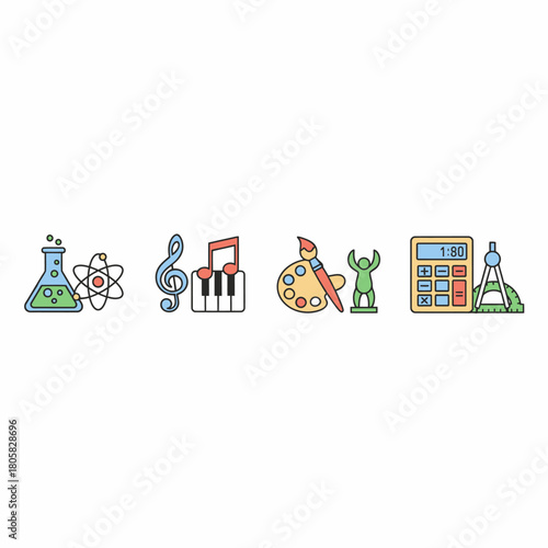 Icons representing science music art and mathematics education.