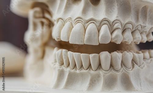Close-up view of a pale anatomical skull model showing upper and lower teeth and dental arches, clinical and slightly eerie mood