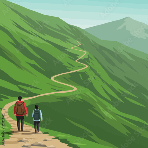 Hikers trekking along a scenic mountain trail on a sunny day, enjoying outdoor adventure