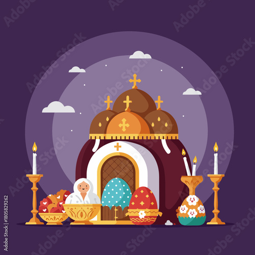 Celebrate vibrant Easter traditions with decorated eggs in front of an orthodox church