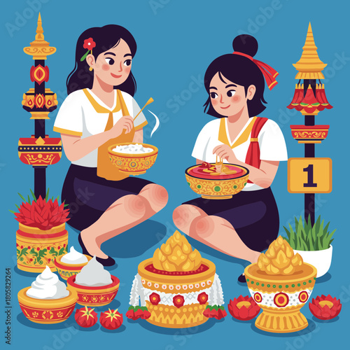 Thai women preparing traditional food offerings for temple ceremony, cultural event