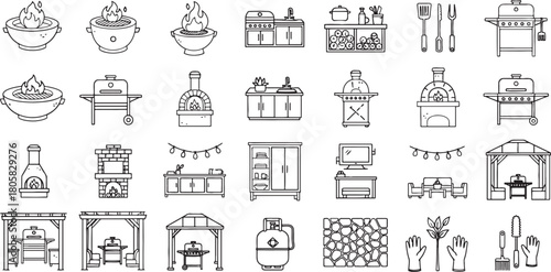 Outdoor Kitchen and Patio Furniture Line Art Icon Collection Set