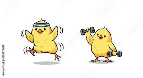Adorable cartoon yellow chicks engage in a healthy lifestyle, actively exercising with joyful jumps and diligent weightlifting