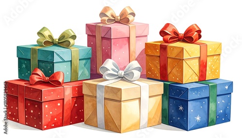 A watercolor illustration of a stack of colorful, ribboned presents on a plain white background