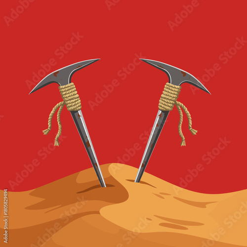 Vintage climbing axes stuck in desert sand dunes for adventure travel concept art