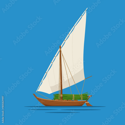 Dhow sailing vessel carrying cargo, traditional Arabian sea boat with vibrant vector style
