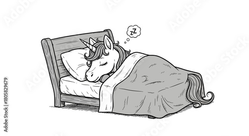 A whimsical unicorn peacefully slumbers in a cozy bed, dreaming of magical adventures and enchanted lands