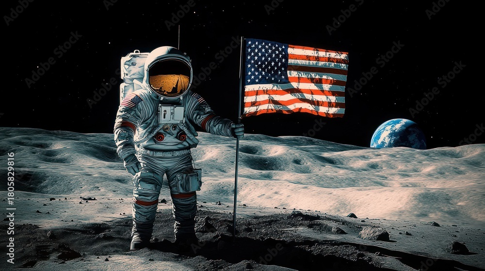 Fototapeta premium Solitary astronaut in bulky spacesuit plants a waving national flag on the rugged moon surface under a starry sky with Earth rising, evoking awe and triumph