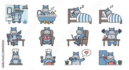 Cute cartoon hippos engaging in various everyday activities like bathing, cooking, reading, working, and exercising
