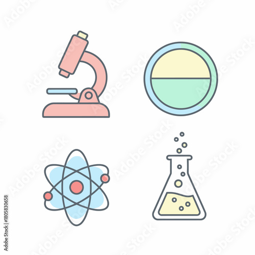 Science Icons Set Microscope Petri Dish Atom and Beaker.