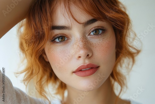 redhead with tousled curly hair in a light knit sweater, relaxed intimate head-and-shoulders portrait against a pale neutral background