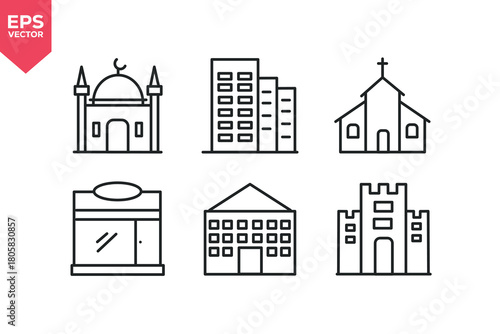 Set of line icons related to mosque, apartment building, traditional church, retail store, school, medieval castle. Editable stroke. Vector illustration
