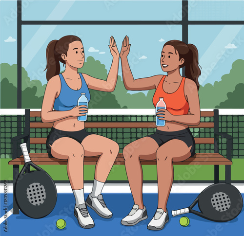 Two women in sports attire sitting on a bench with 2D vector padel rackets, giving a high-five, surrounded by a serene outdoor court with lush greenery.