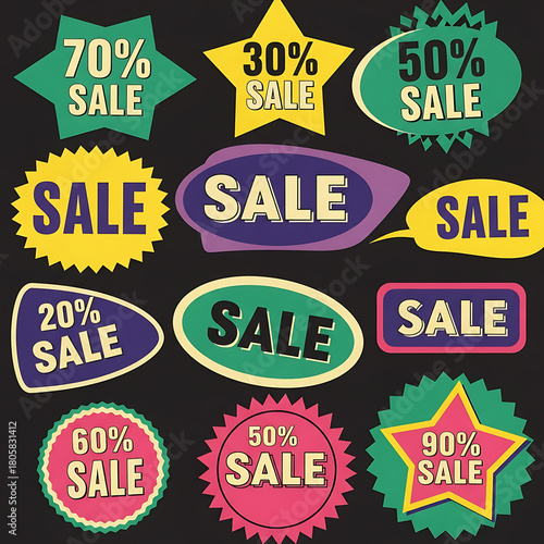Colorful collection of retro sale stickers and badges with discount percentages.