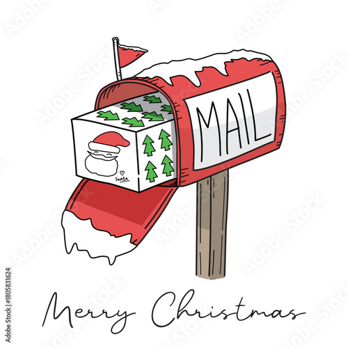 Vector illustration of a red old classic mailbox with some snow and a gift box with santa claus symbol and christmas tree packaging wrapped design.