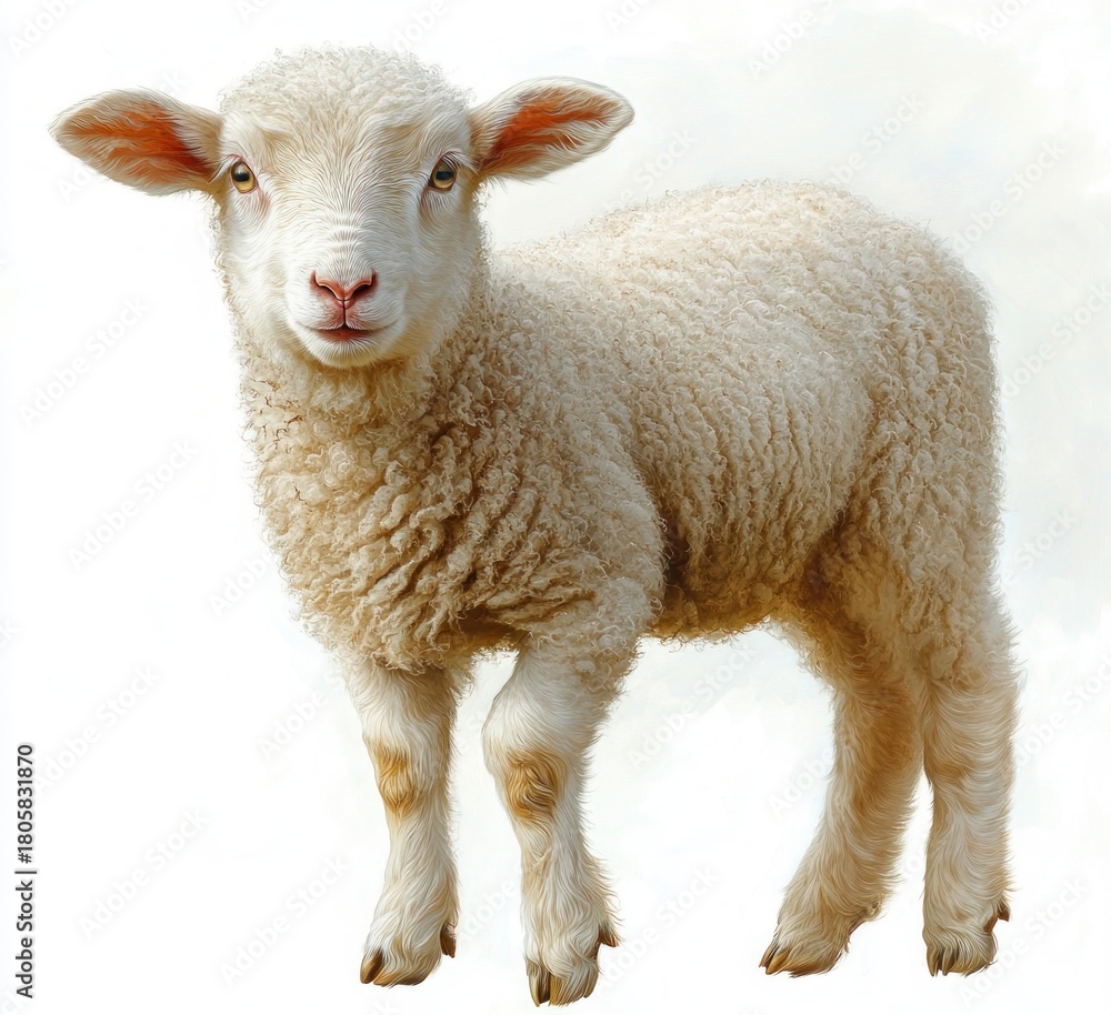 Fototapeta premium fluffy white lamb standing on a clean white background, curly wool, soft pink nose and gentle brown eyes, looking curious and innocent with a calm sweet expression