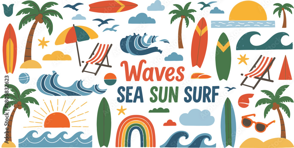 Naklejka premium Fun Tropical Summer Vector Art with Surfboards and Palm Trees