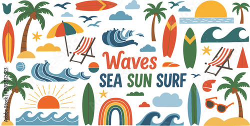 Fun Tropical Summer Vector Art with Surfboards and Palm Trees