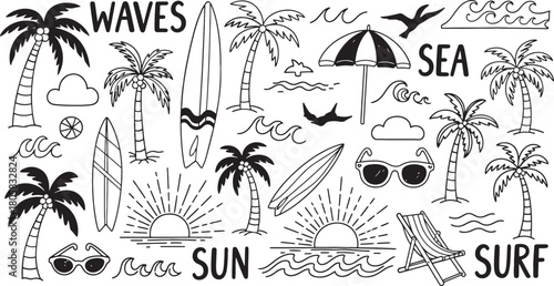 Seamless Summer Doodle Pattern with Palm Trees Surfboards and Beach Elements