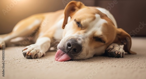 Tired dog resting with tongue out on the floor.