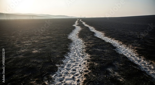 Tire tracks in a desolate landscape under a hazy sky.