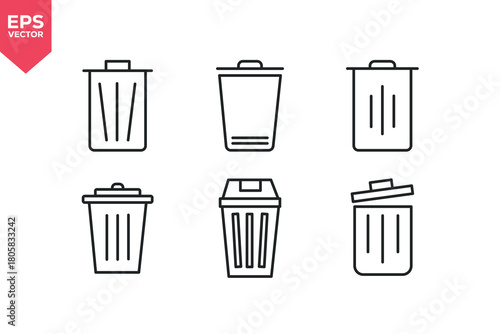 Set of line icons related to waste basket, trash can, recycle bin. Editable stroke. Vector illustration