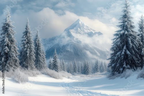 Wallpaper Mural snowy mountain vista with tall frost-covered pine trees, winding footprints through fresh snow, misty clouds and a serene tranquil winter atmosphere Torontodigital.ca