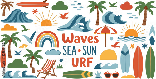 Colorful summer beach themed vector pattern with surfing and palm trees