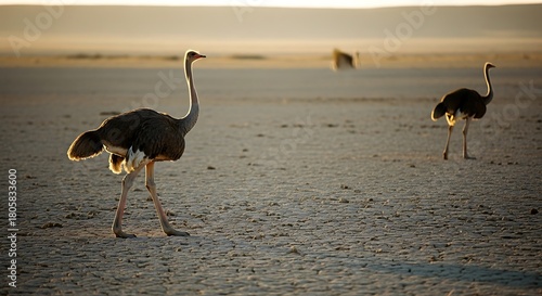 Two ostriches walking on a sandy plain at sunset.