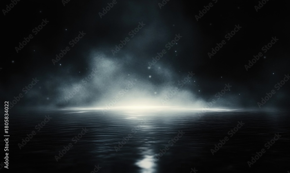 Fototapeta premium dark calm sea at night with glowing mist on the horizon, starry sky and soft light reflecting on rippled water, evoking mystery and quiet serenity