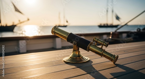 Vintage Brass Telescope on a Wooden Deck Overlooking Sailboats at Sunset.