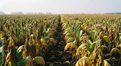 Vast tobacco field under the bright sun, ready for harvest season.