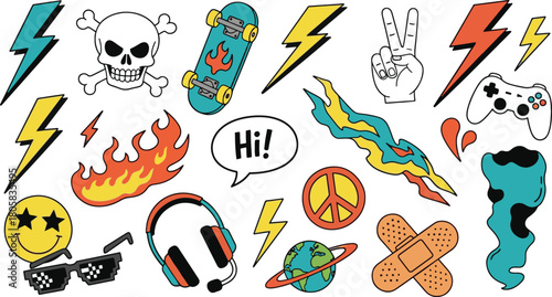 Trendy sticker sheet with skateboard lightning skull and other modern items