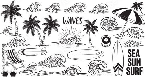 Summer beach doodles in black and white for creative designs