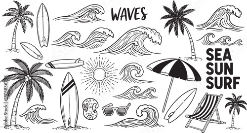 Black and white summer doodles vector illustration beach and ocean theme