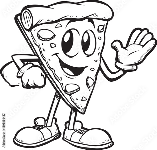 Friendly Pizza Slice Mascot: A cheerful cartoon pizza slice with a welcoming gesture, exuding a sense of culinary delight and playful charm.