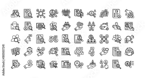 Recruitment icon set collection. Containing resources, organization, draft, interview, searching, employment, leadership .Line vector icons collection