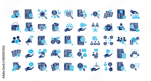 Recruitment icon set collection. Containing resources, organization, draft, interview, searching, employment, leadership .Solid vector icons collection