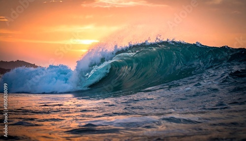 Fototapeta Naklejka Na Ścianę i Meble -  A wave curls against an orange sunset sky, spraying water