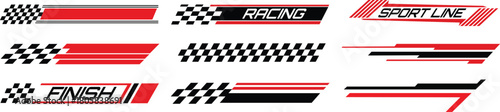 Sport racing stripes and car decal stickers and checkered flags vector set Illustration.