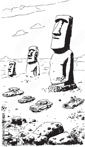 Iconic Statue Spectacle: A black and white illustration captures the awe-inspiring presence of the Easter Island statues with vintage car.