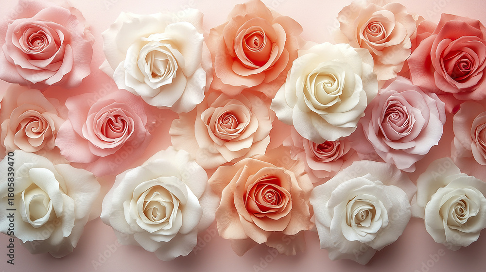 Obraz premium Soft pastel gradient background with white and peach rose flowers arranged in seamless pattern, creating delicate and romantic floral design with gentle lighting