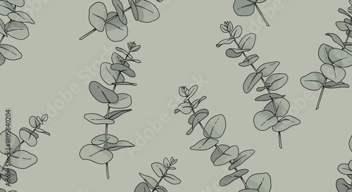 A seamless pattern of illustrated silver dollar eucalyptus branches on a muted sage green background.