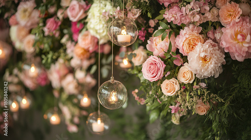 Soft pink wedding backdrop with full floral wall including roses and peonies, decorated with hanging glass candle holders creating romantic and elegant atmosphere