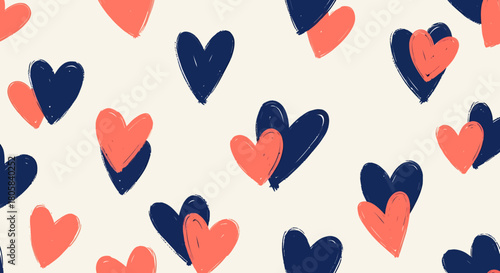 Hand-drawn pattern of overlapping blue and coral hearts on a light background, symbolizing love and affection.
