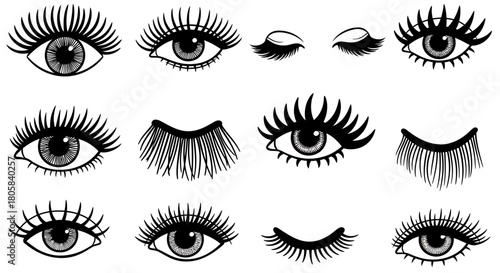 Collection of various eye illustrations, showcasing open and closed eyes with detailed eyelashes, in black and white.