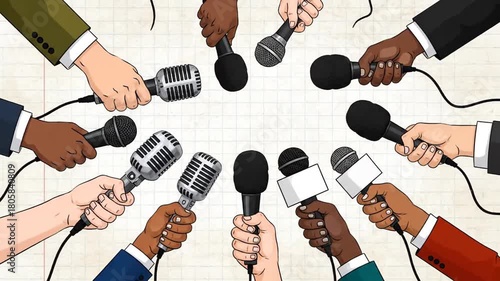 Multicultural Hands Holding Microphones Diverse Voices and Media Scrutiny in a Dynamic Press Conference Environment, National Press Day