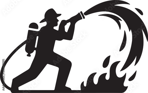 Silhouette firefighter watering with hose icon
