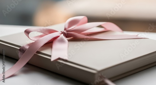 Elegant light colored journal is adorned with a delicate pink satin ribbon bow.